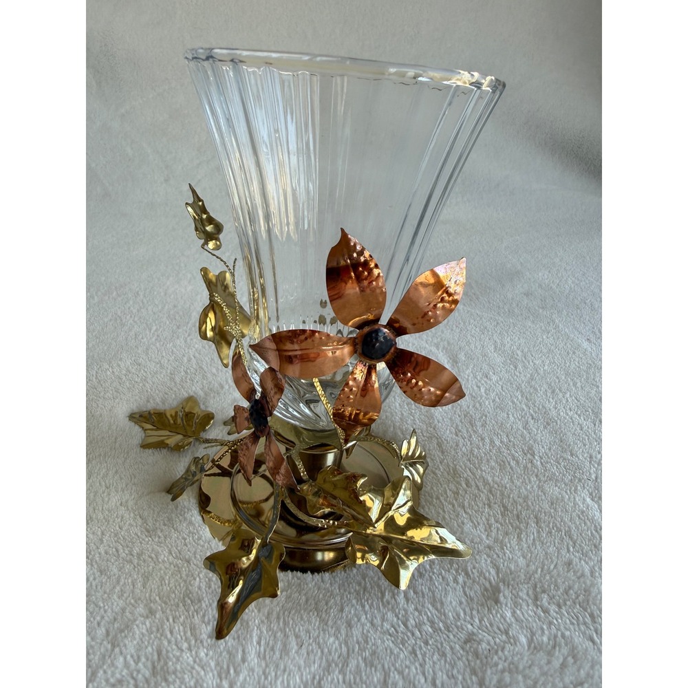 Vintage Homco Glass Candle Votive Sconce Copper Gold Leaves Brass Base Fairy - Picture 3 of 9